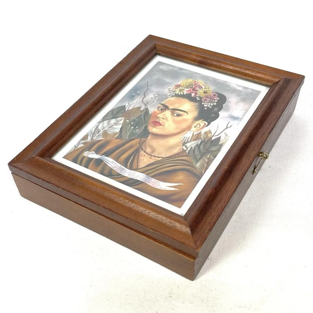 Frida Kahlo Wooden Key Box Wall Mount Storage Cabinet 5 Hooks Frame